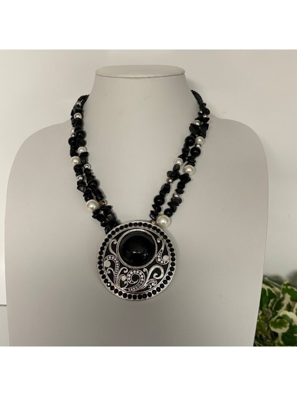 Black Beaded Statement Necklace Silver Medallion Pendant Boho Glam Chic